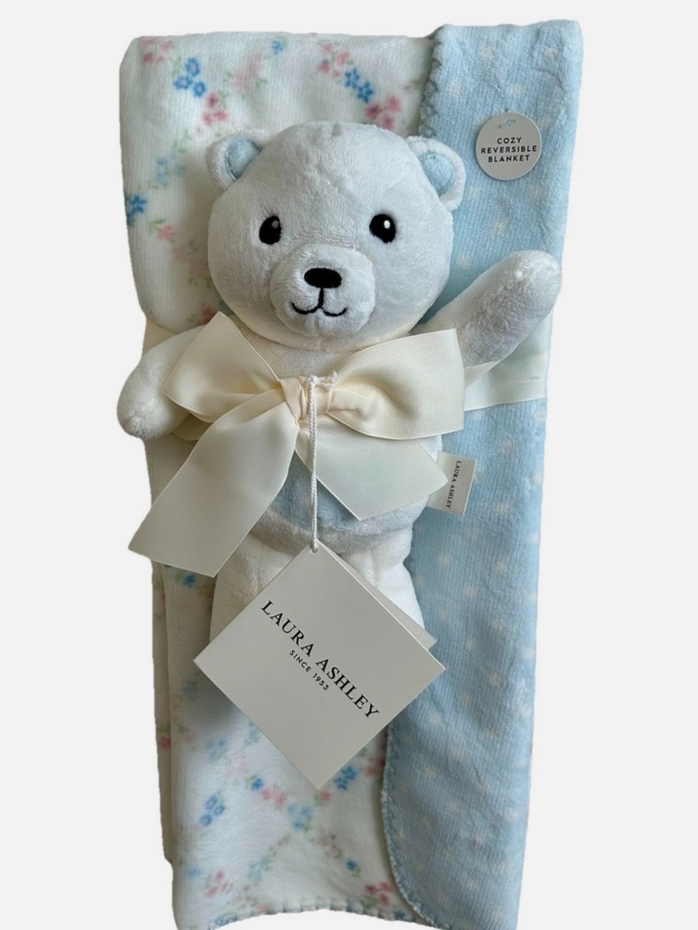 Laura Ashley Ditsy Floral Lattice Plush Blanket Blue Teddy Bear Lovey Set NWT